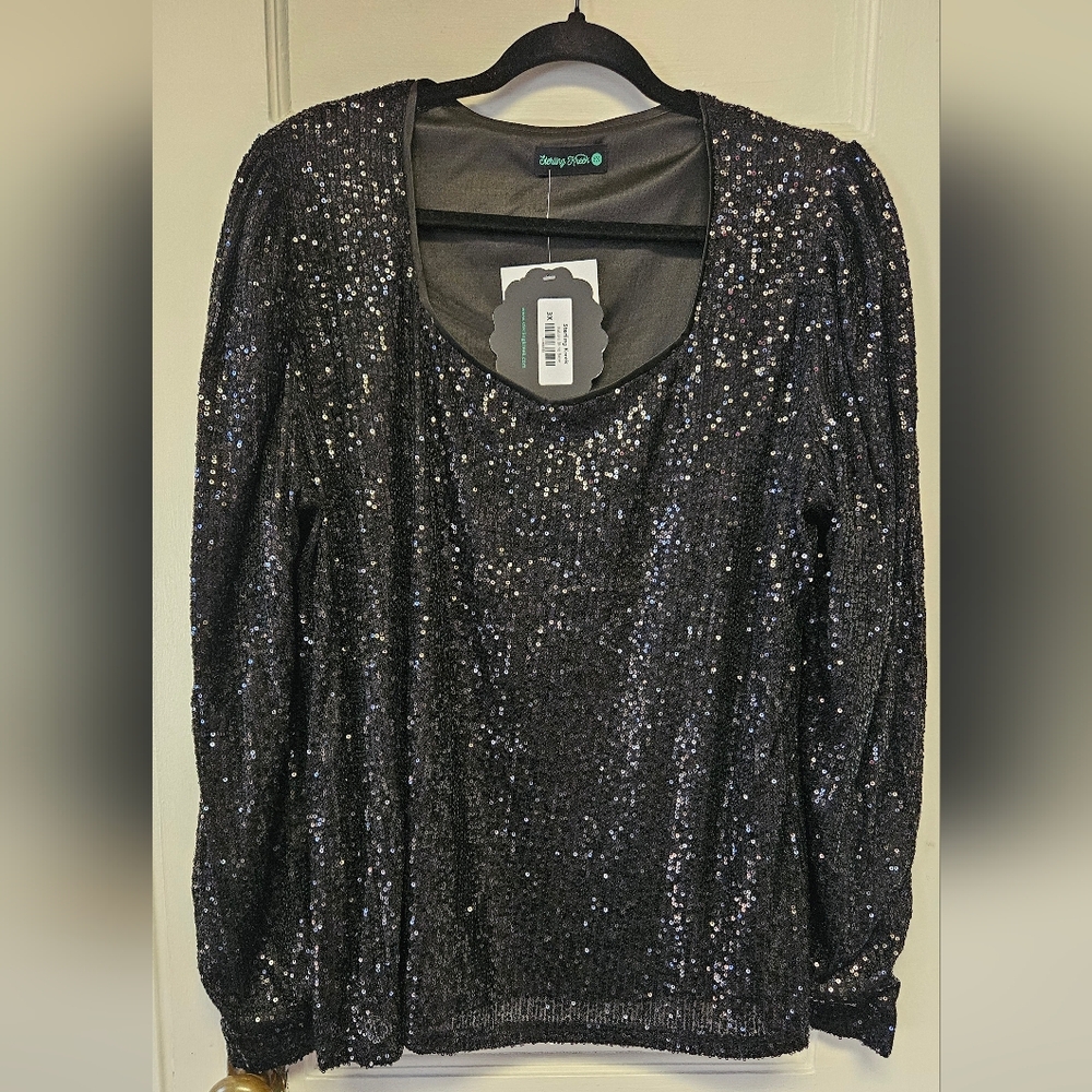 Dazzling Black Sequin Blouse Long-sleeve NWT Plus Size
